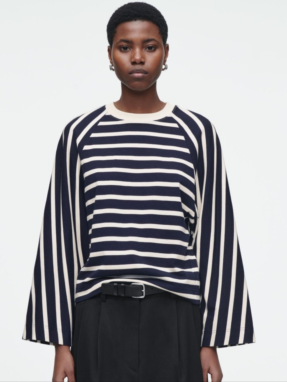 COS Navy and Cream Striped Wide-Sleeve Top